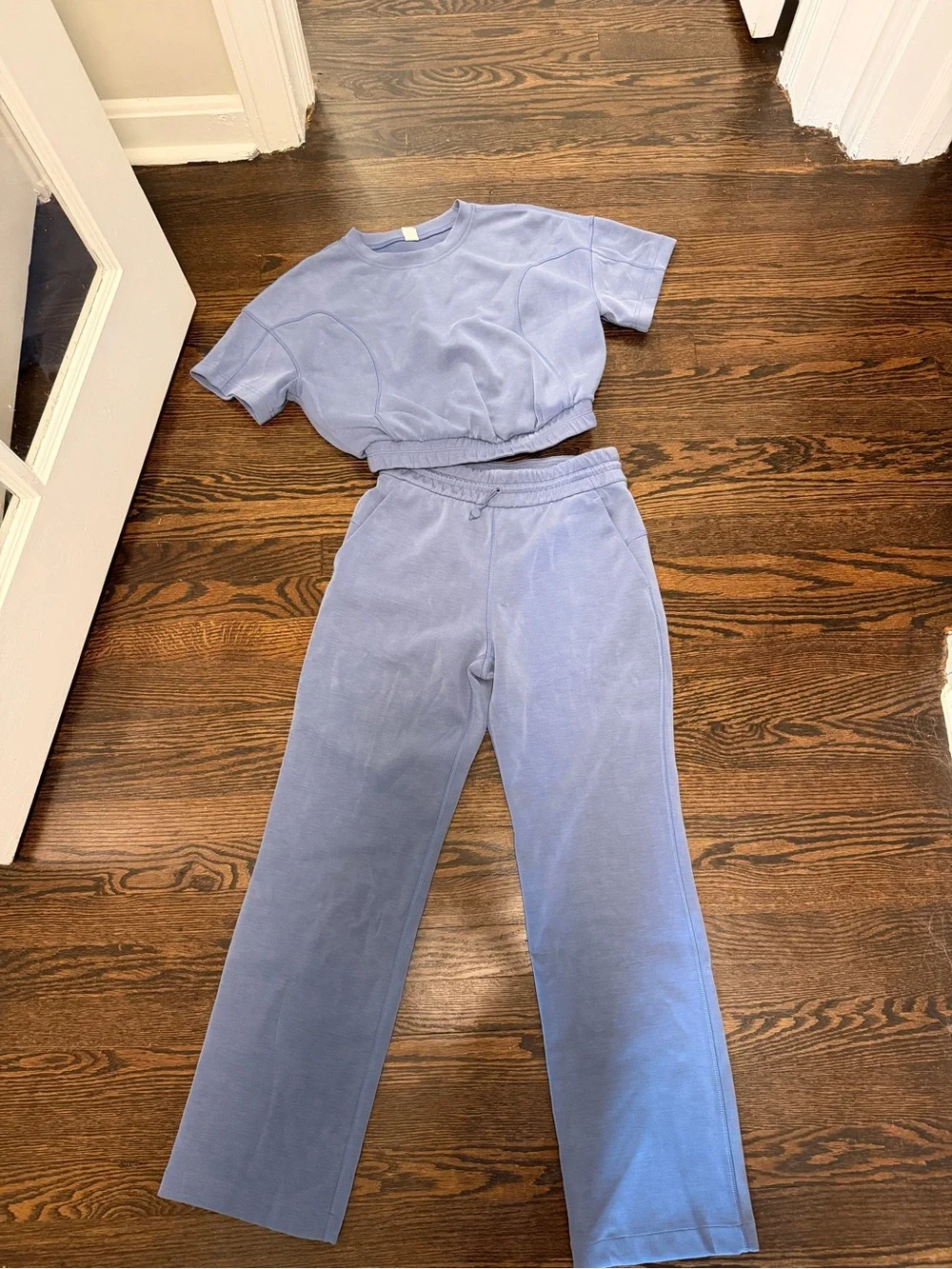 Lululemon Blue Cropped Short-Sleeve Top and straight leg pant set